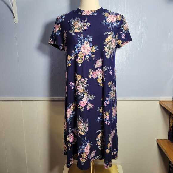 Pink Rose Small Navy Blue Bright Pink Floral Short Sleeve Summer Tee Shirt Dress - Picture 1 of 10
